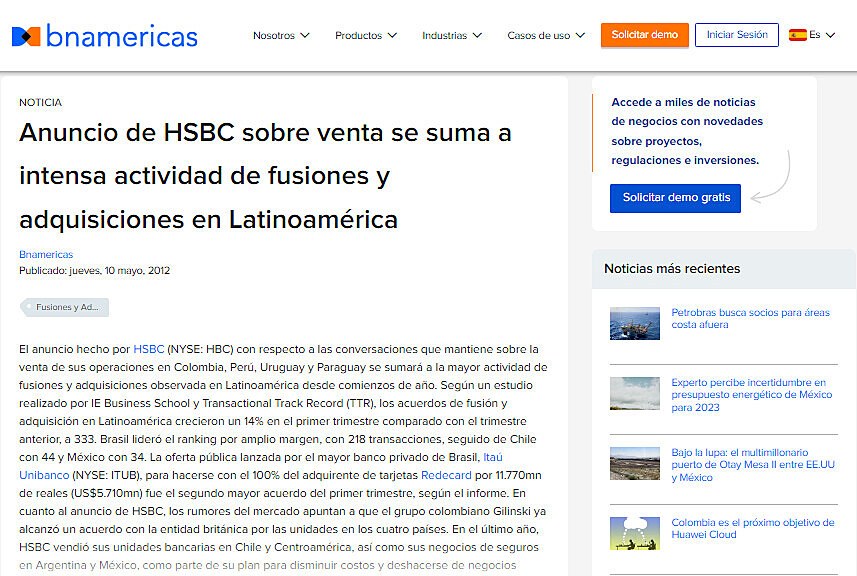 Anuncio de HSBC sobre venta se suma a intensa actividad de fusiones y adquisiciones en Latinoamérica